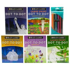 Brain Games Large Print Dot to Dot 5 pc Book Set with 12pc Colored Pencil Set